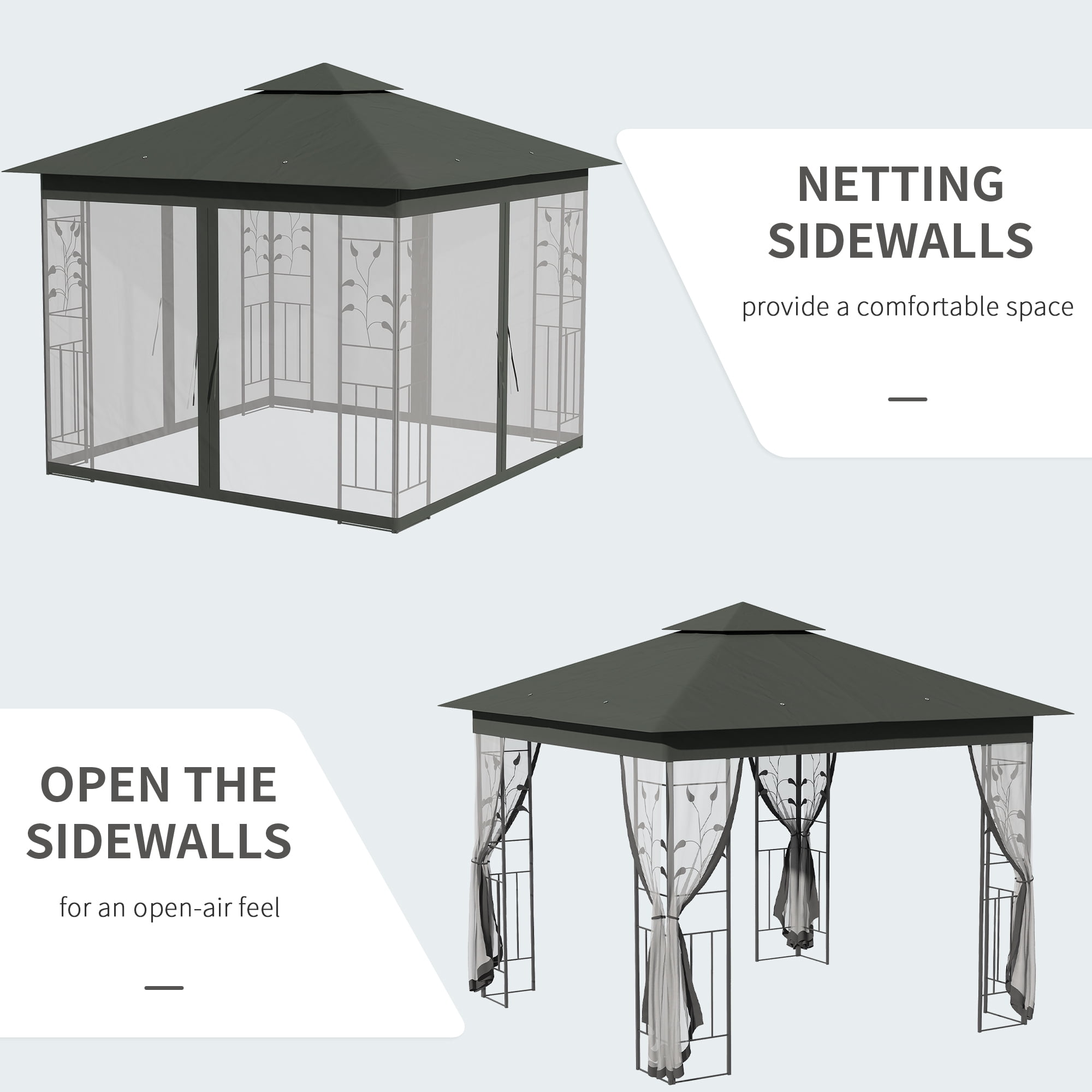 Outsunny&nbsp;10'&nbsp;x&nbsp;10'&nbsp;Metal Patio Gazebo, Double Roof Outdoor Gazebo Canopy Shelter with Tree Motifs Corner Frame and Netting, for Garden, Lawn, Backyard, and Deck, Gray