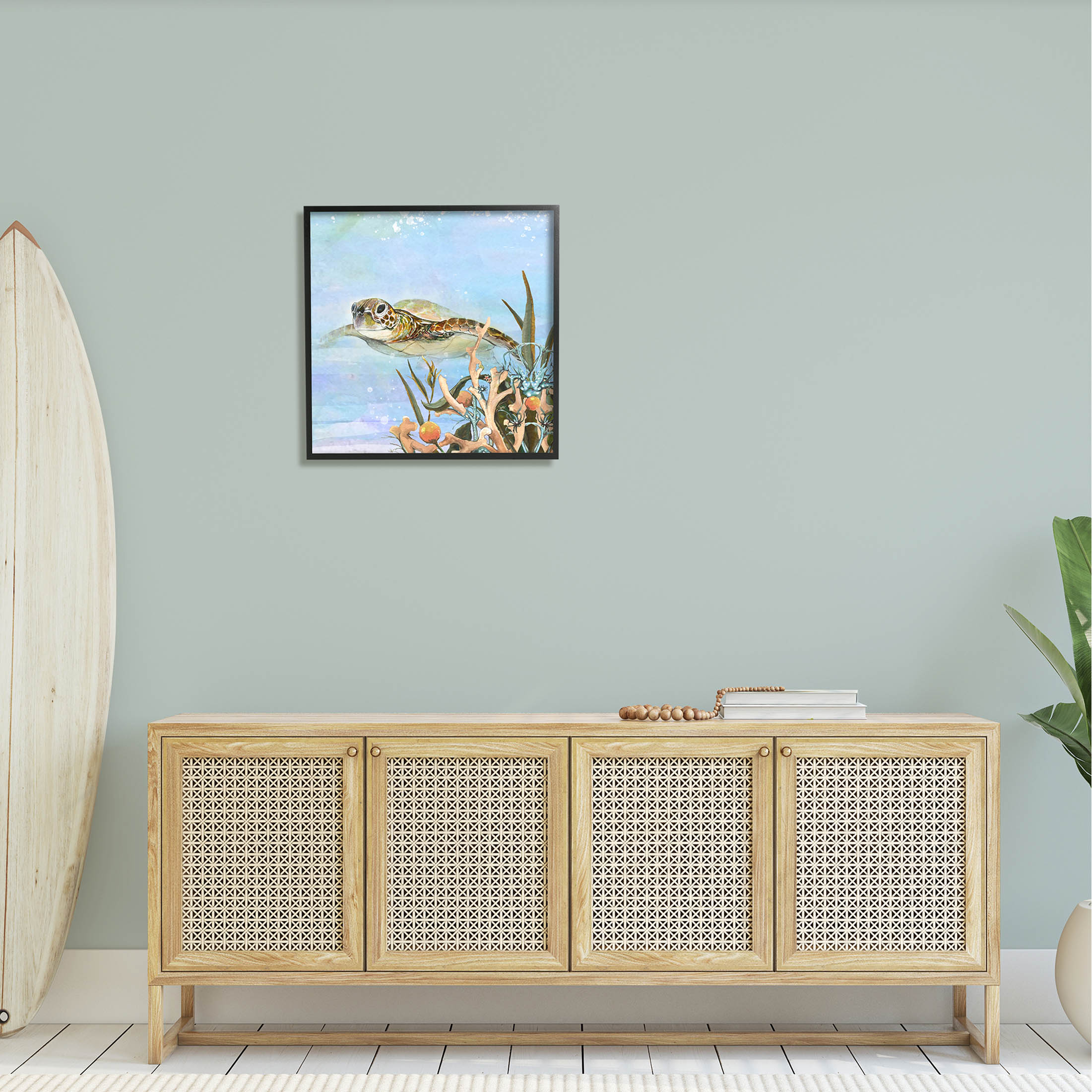 Stupell Industries Underwater Sea Turtle Swimming Graphic Art Black Framed Art Print Wall Art, Design by Diannart