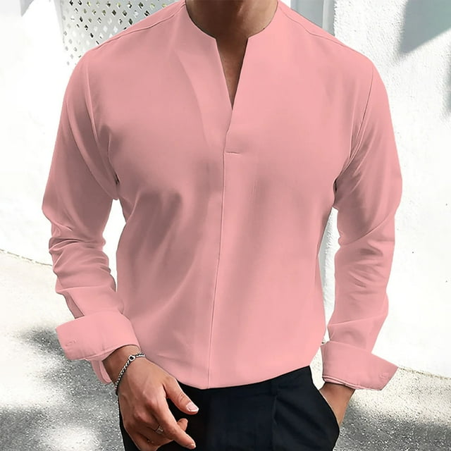 Blusas y camisas de manga larga con cuello en V para hombre, blusa informal de manga larga lisa con cuello en V, blusa de poliéster para hombre