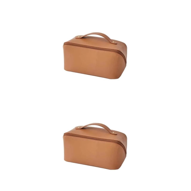 Monstrate Bolsa de almacenamiento de cosméticos de cuero PU de gran capacidad, bolsa de artículos de tocador, contenedor de maquillaje de Marrón 2piezas