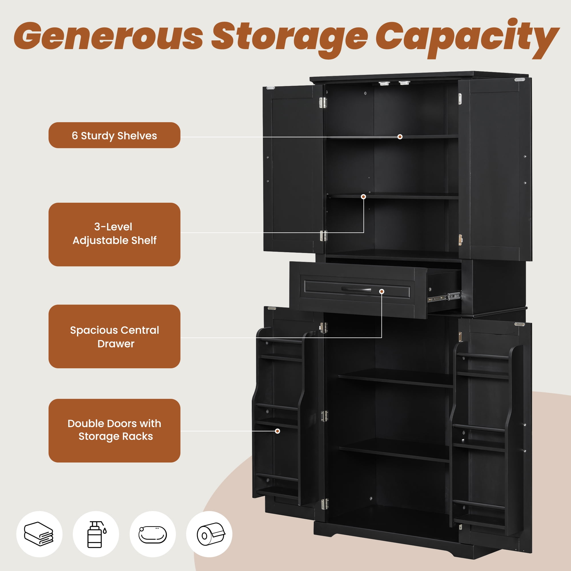 Mintazer 72" Tall Bathroom Linen Cabinet with Adjustable Shelves & Large Drawer, Freestanding Storage Cabinet with Side Door Organizer for Bathroom Laundry Room, Black