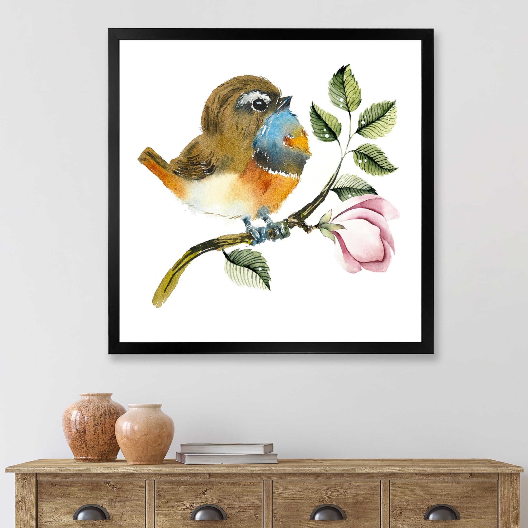 Designart 'Bluethroat Bird Sitting On A Branch' Traditional Framed Art Print