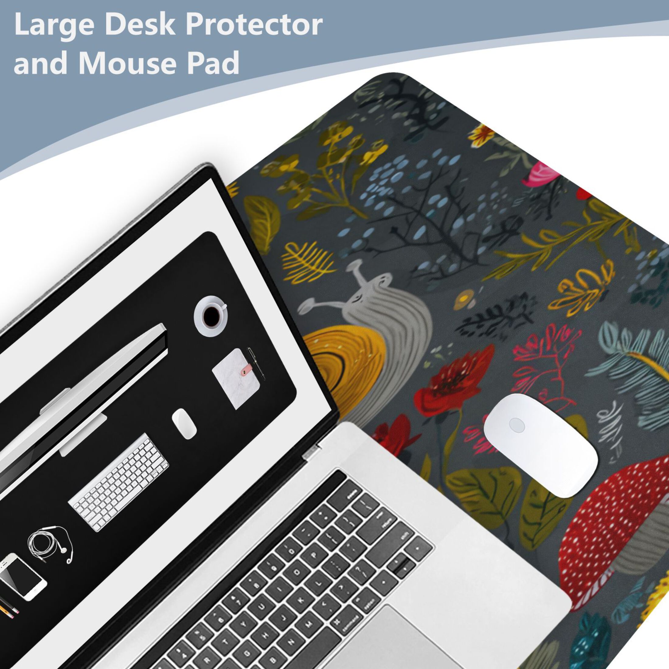 Leather Keyboard and Mouse Desk Mat Office Desk Accessories Protective Office Desk Decor Desk Pad Mat for Gaming, Work from Home, Office Cute Snails and Mushrooms 23.6" x 47.2"