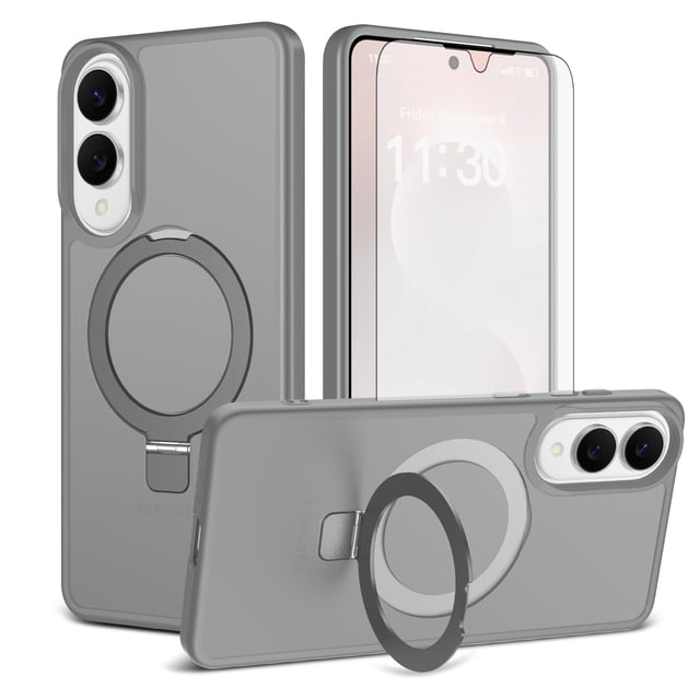Asuwish Phone Case for Samsung Galaxy S25 Edge 5G Tempered Glass Screen Protector Magnetic Folding Stand Frosted Translucent Rugged Shockproof Protective Cell Cover S25Edge 6.66 2025 Women Men Grey