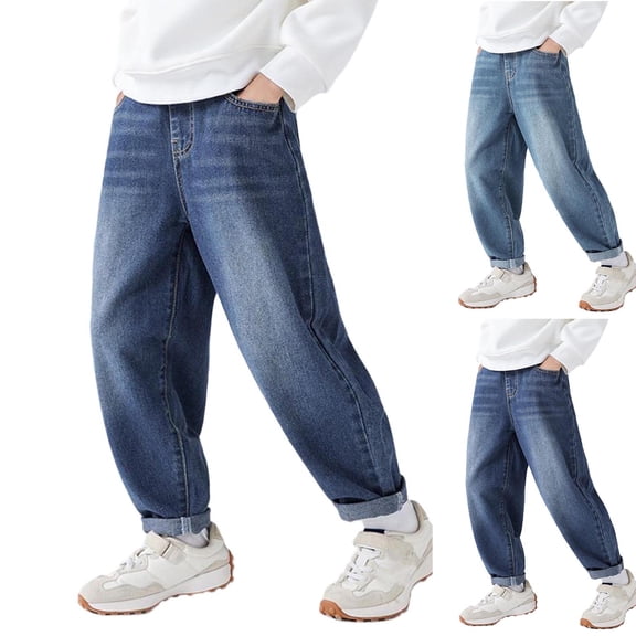 Yeaiivve Boys Casual Denim Pants Elastic Waist Casual Straight Leg Jeans Loose Fit Stylish Streetwear Jean Pants with Pockets Blue 110