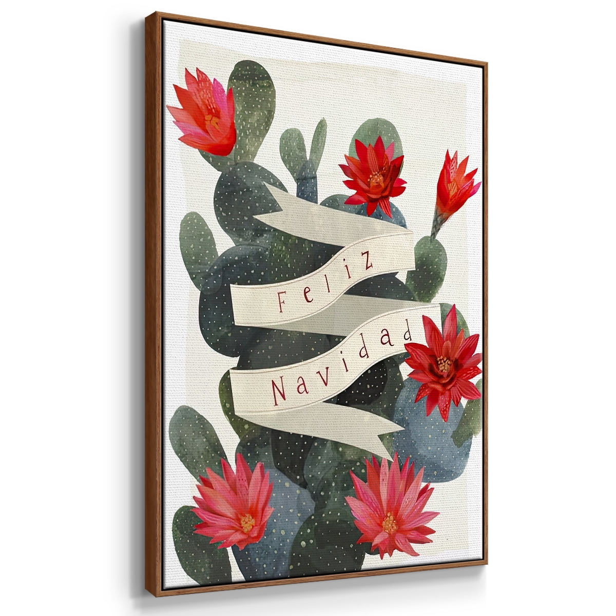 Desert Christmas Cactus I - Framed Gallery Wrapped Holiday Canvas - 25 x 37 - Rosewood Frame