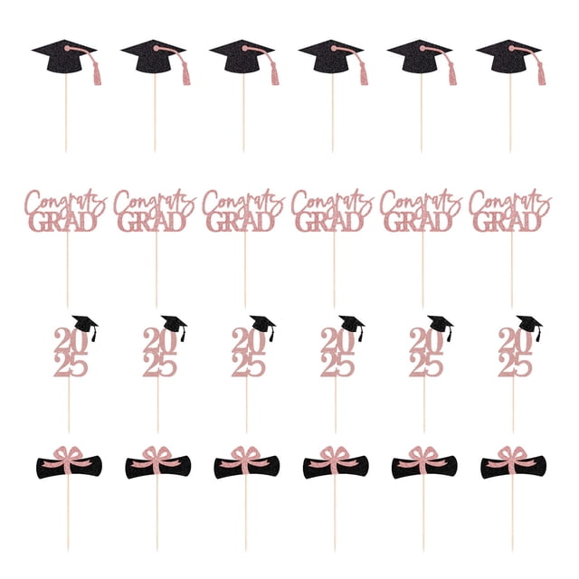 yulier 24 Pcs Graduation Cupcake Toppers 2025, Graduation Cake Toppers, Glitter Design Class of 2025 Toppers Grad Cupcake Picks, Graduation Decorations Party Supplies