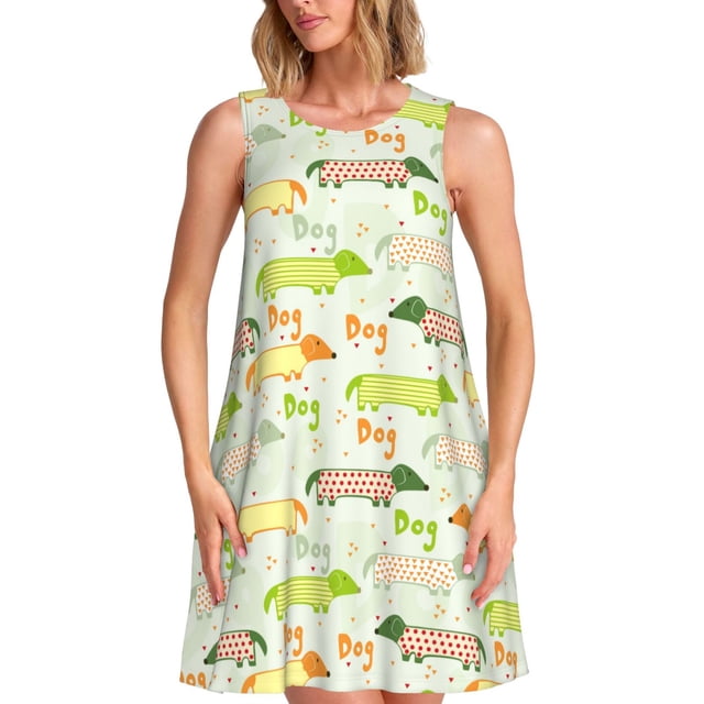 Easygdp Dachshund Dog Puppy para Vestido Transpirable de Mujer, Vestido Suelto de Manga Corta con Pliegues y Bolsillos para el Verano
