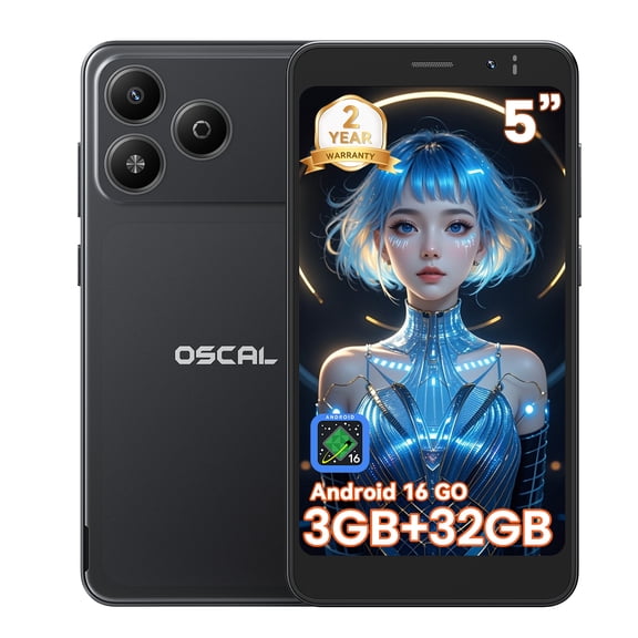 OSCAL Flat 3C Mini 5" Unlocked Cell Phone,3GB 32GB,Android 16 Go,3000mAh Removable Battery,Dual SIM 4G LTE,3.5mm Headphone Jack,Black