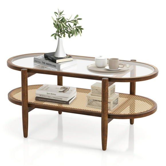 Topbuy 2-Tier Acacia Wood Coffee Table Mid-Century Modern Rectangular Center Table with Glass Tabletop and Imitation Rattan Storage Shelf