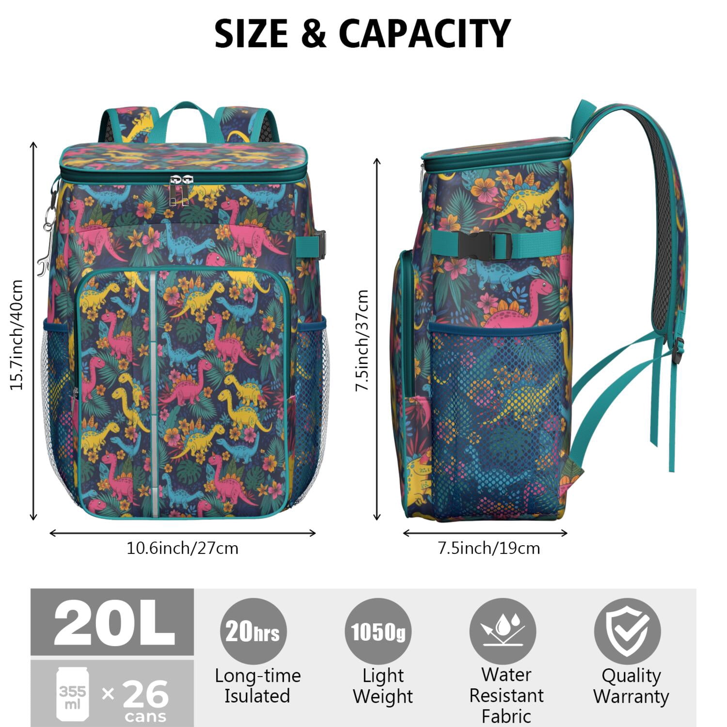 Travel Cooler Bag - Colorful Dinosaurs Tropical Floral Pattern Camping Beer Cooler Backpack with Bottle Opener- Waterproof Insulated Picnic Backpacks - Cooler Bag for Beach
