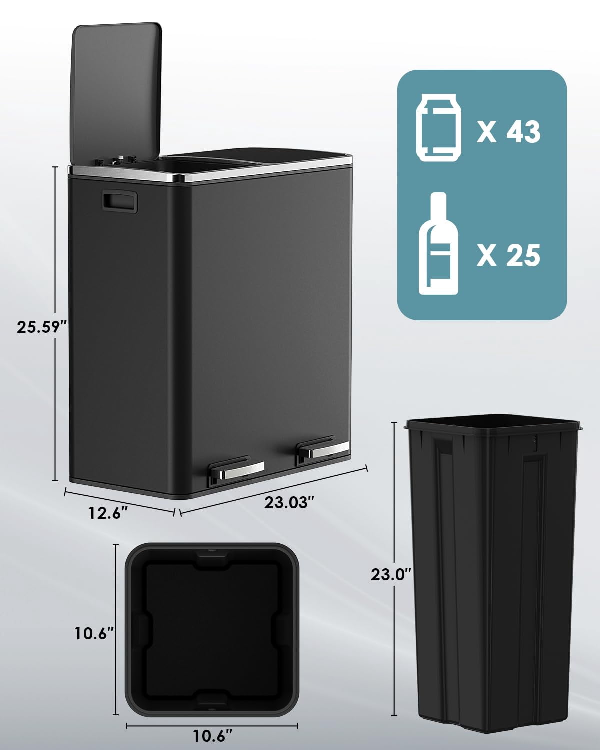 LAZY BUDDY Dual Garbage Can, Stainless Steel 16 Gallon Step Kitchen Trash Can with Soft-Close Lid, Double Compartment Garbage Recycling Bin
