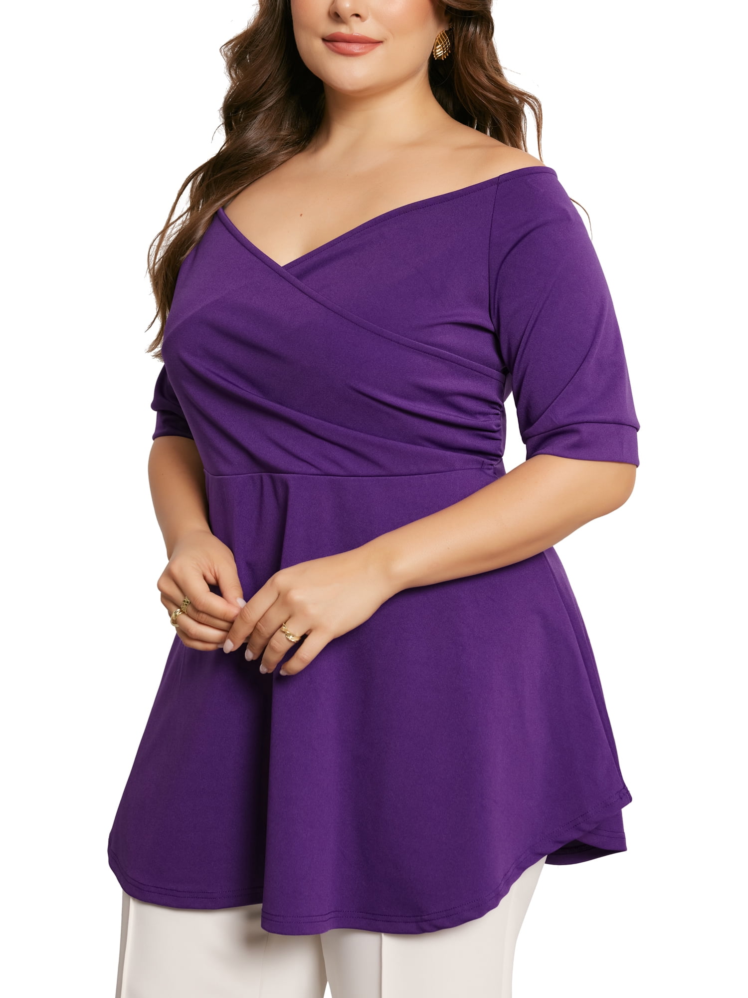 DARING DIVA Women's Plus V Neck Short Sleeve Ruched Peplum Blouse 4X Purple