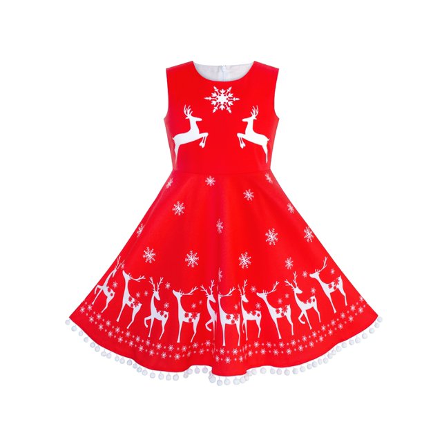 Robe Fille Rouge Renne Élan Nœud Papillon Fête de Noël Hiver Sans Manches 12 Ans