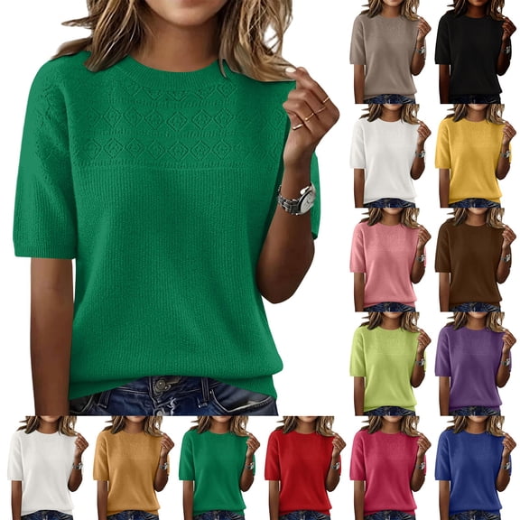 Siminsem Womens Short Sleeve Pullover Knitted Shirt Crew Neck Fashion Sweater Tops Casual Elegant Lightweight Blouses Spring Summer 2026 Trendy Outfits, Blackish Green, L