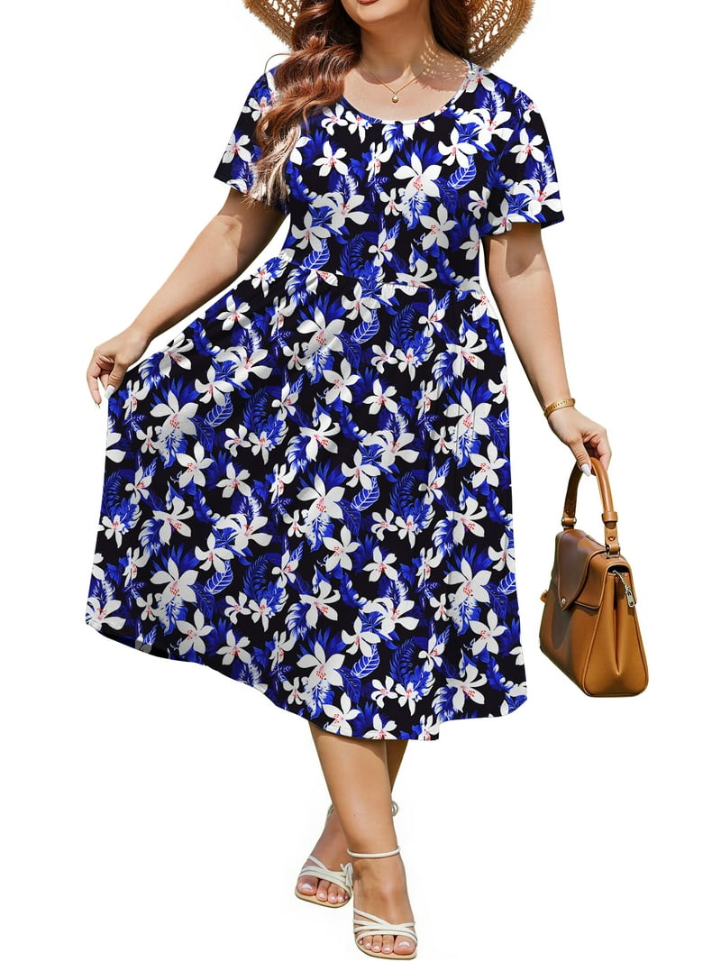 WellSize Plus Size Women Summer Dresses, Crew Neck, Short Sleeve, Floral  Midi Dress with Pockets - Walmart.com