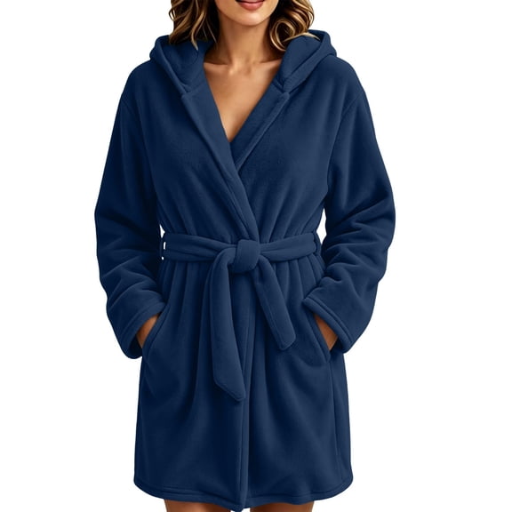 Ghalytn Women's Zip-Up Hooded Fleece Bath Robe, Long Sleeve Short Robe with Tie Belt and Pockets
