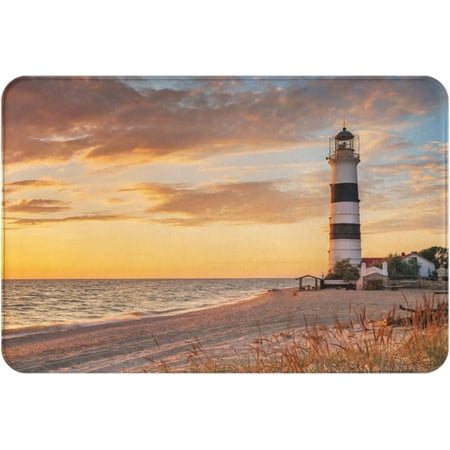 

Bath Rugs Beautiful Lighthouse Door Mat Outdoor Seaside Landscape Beach Gradient Yellow Sky Print Doormat Non Slip Absorbent Bathroom Rug Carpet for Home Entrance Kitchen 24x16 Inch