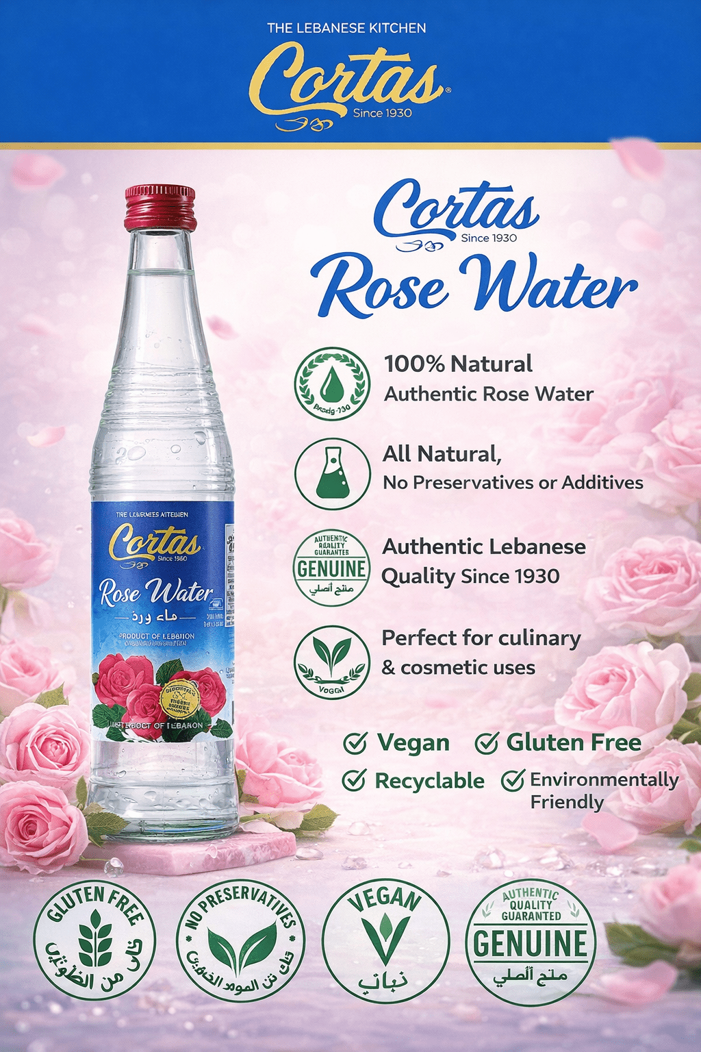 Cortas - Pure Rose Water, 10 fl oz Bottles, Pack of 4 | Authentic Floral Water for Cooking, Baking & Beverages.