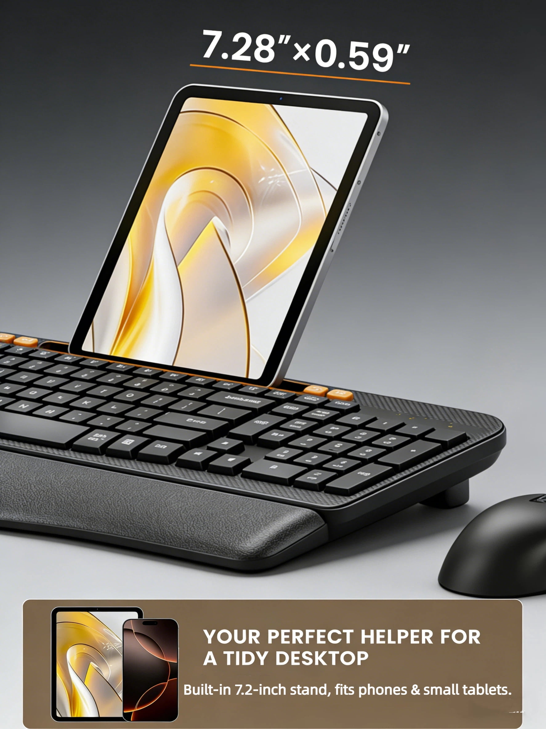 Ergonomic Wireless Keyboard & Mouse Combo - Rechargeable Type-C, Cushioned Wrist Rest, 7.28” Phone Holder, Silent Mouse, 2.4G Lag-Free for Windows/Mac