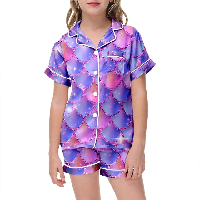 Pyjamas en Satin pour Garçons Imprimé Manches Courtes Filles Ensemble de Pyjamas à Boutons Mode Filles Ensemble de Pyjamas Filles Pyjamas Garçons Filles Mode