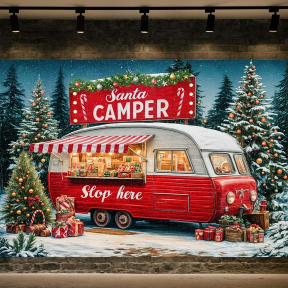 7x5ft Christmas Camper Backdrop, Red Santa's Cartoon Camper Van Winter Snowy Forest Pine Trees Background Banner Merry Xmas Backdrop for Family Holiday Party Baby Shower Decorations,muti1