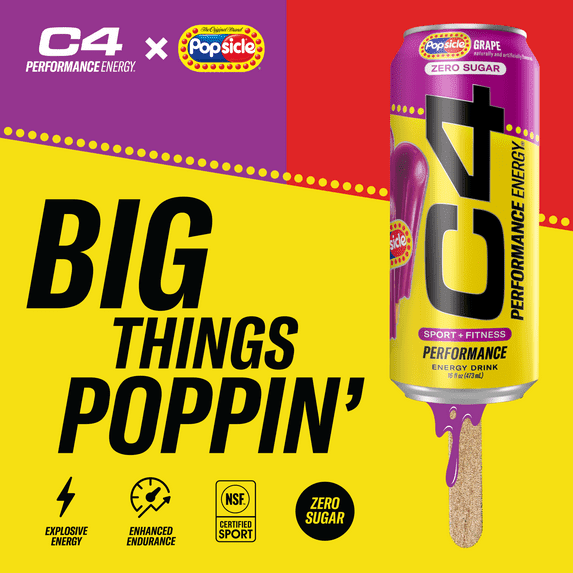 C4 Performance Energy Drink, Grape Popsicle, 16oz, 12 Pack Cans