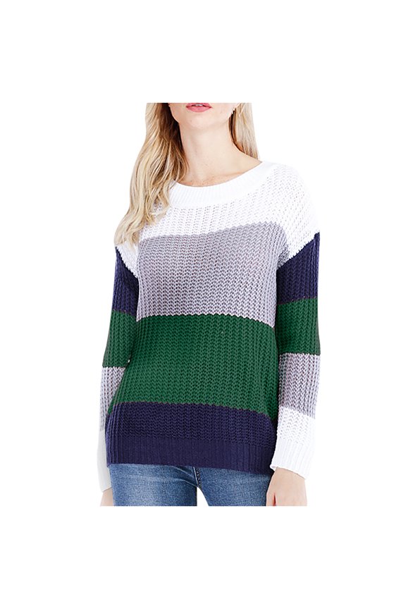 Womens Long Sleeves Round Neck Color Matching Loose Tops Blouse Knitted SweaterGreen4 Winter Clothes for 2022