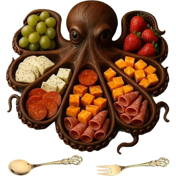 WovenWink Octopus Charcuterie Platter, Nautical Serving Tray for Cheese, Meats, Fruits & Seafood, Kraken Design Wood Serving Tray with 8 Tentacle, Unique Gift for Seafood Lovers & Entertainers