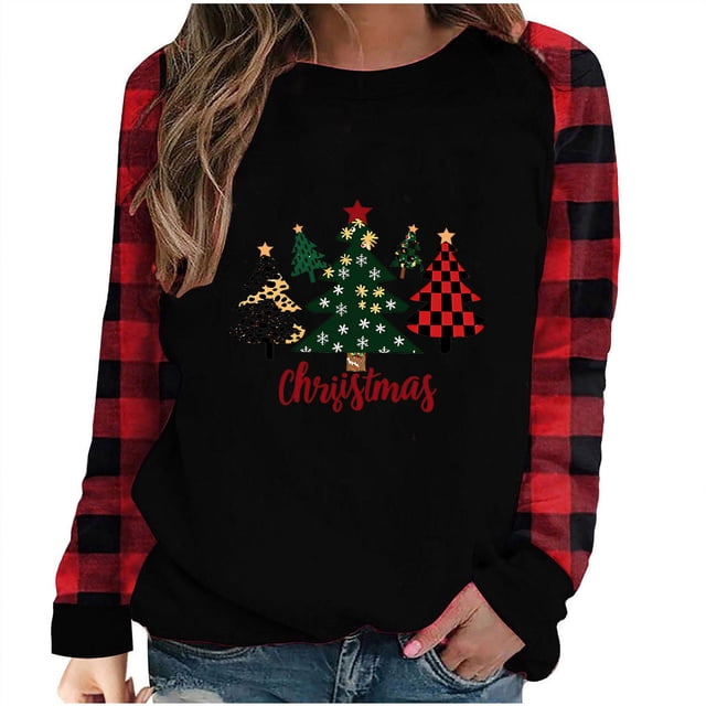 Liquidation Staron Hauts de Noël Femmes Xmas Renne Imprimé Col Rond Hauts Coupe Ample Rayé Raglan Manches Longues T-Shirts Graphiques de Baseball Hauts Chemisiers des Fêtes Rouge TG