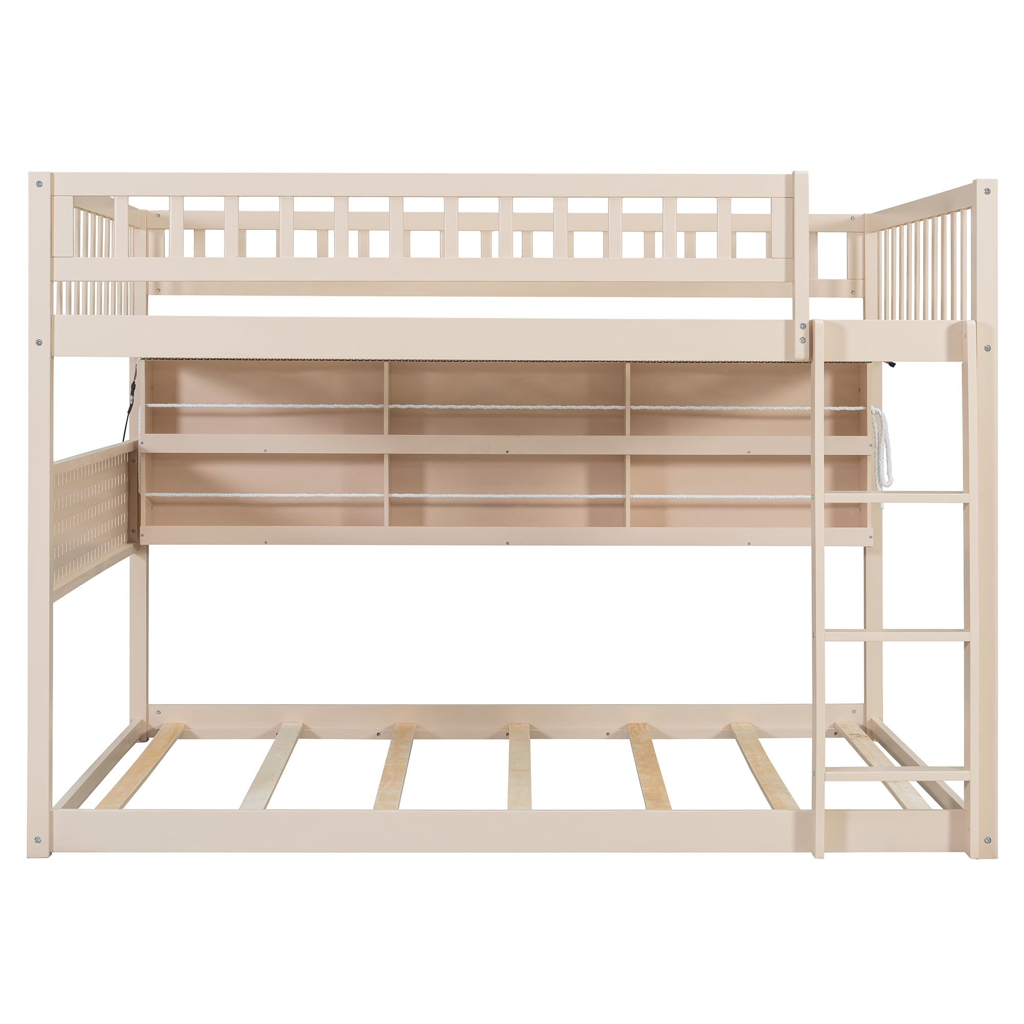 Full over Full Wood Bunk Bed with Integrated Side Storage Shelves and Pegboard, Solid Wood Bunk Bed Frame with Color-Changing Lights and Safety Guardrails for Teens, Adults, Guests