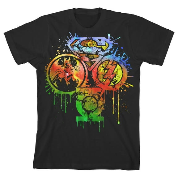 Justice League Paint Splatter Logos Boy's Black T-shirt-L