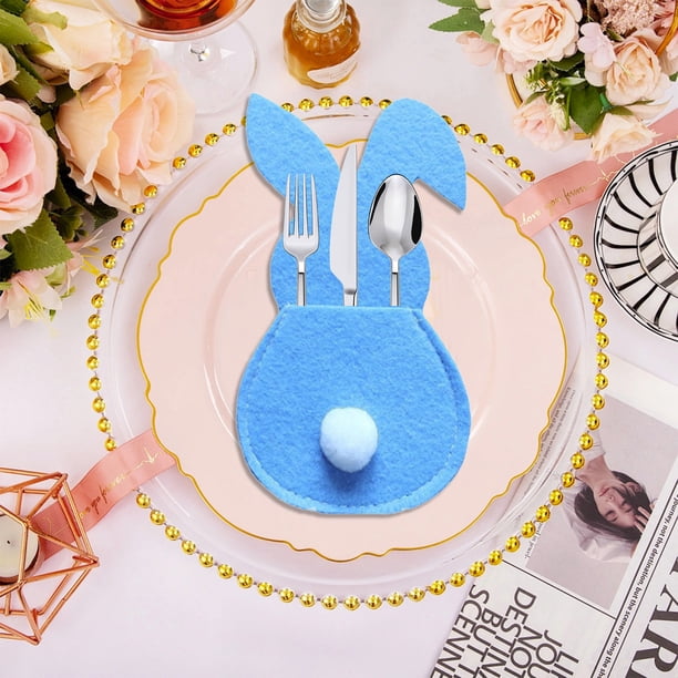 Uuiauoio 4 PCS Easter Bunny Cutlery Bags Flatware Holder Bunny Shape Silverware Felt Utensil Cutlery Pouch Bags for Knife Forks Spring Easter Table Decoration for Home Party Birthday Supplies