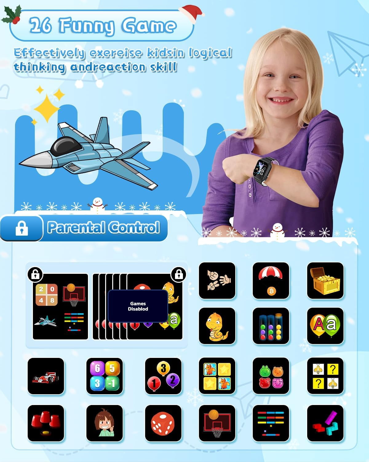 Kids Waterproof Smart Watch for 3-12 Year Old Boys Girls Learning Toys with 26 Puzzle Game 1.44'' HD Touchscreen Camera Video Music Audible Story Pedometer Alarm Watch for Christmas Learning Toy Gift