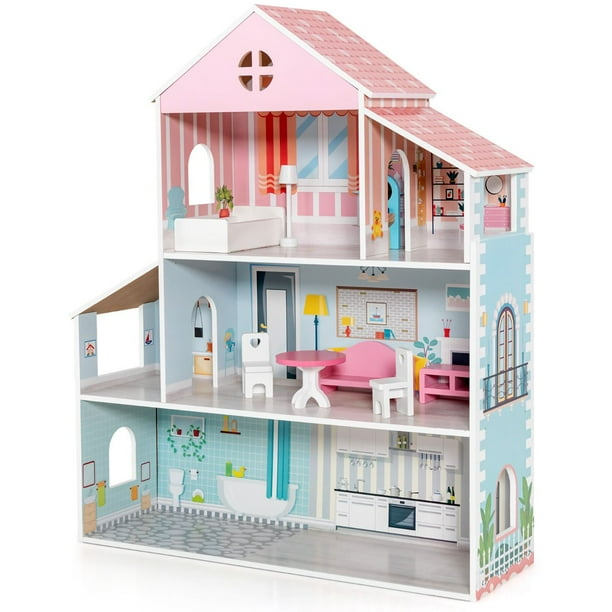 Costway Casa de Muñecas de Madera para Niños de 3 a 7 Años Villa de Ensueño con 8 Muebles 3 Platas 5 Habitaciones con Entrada 71 x 23,5 x 87 cm