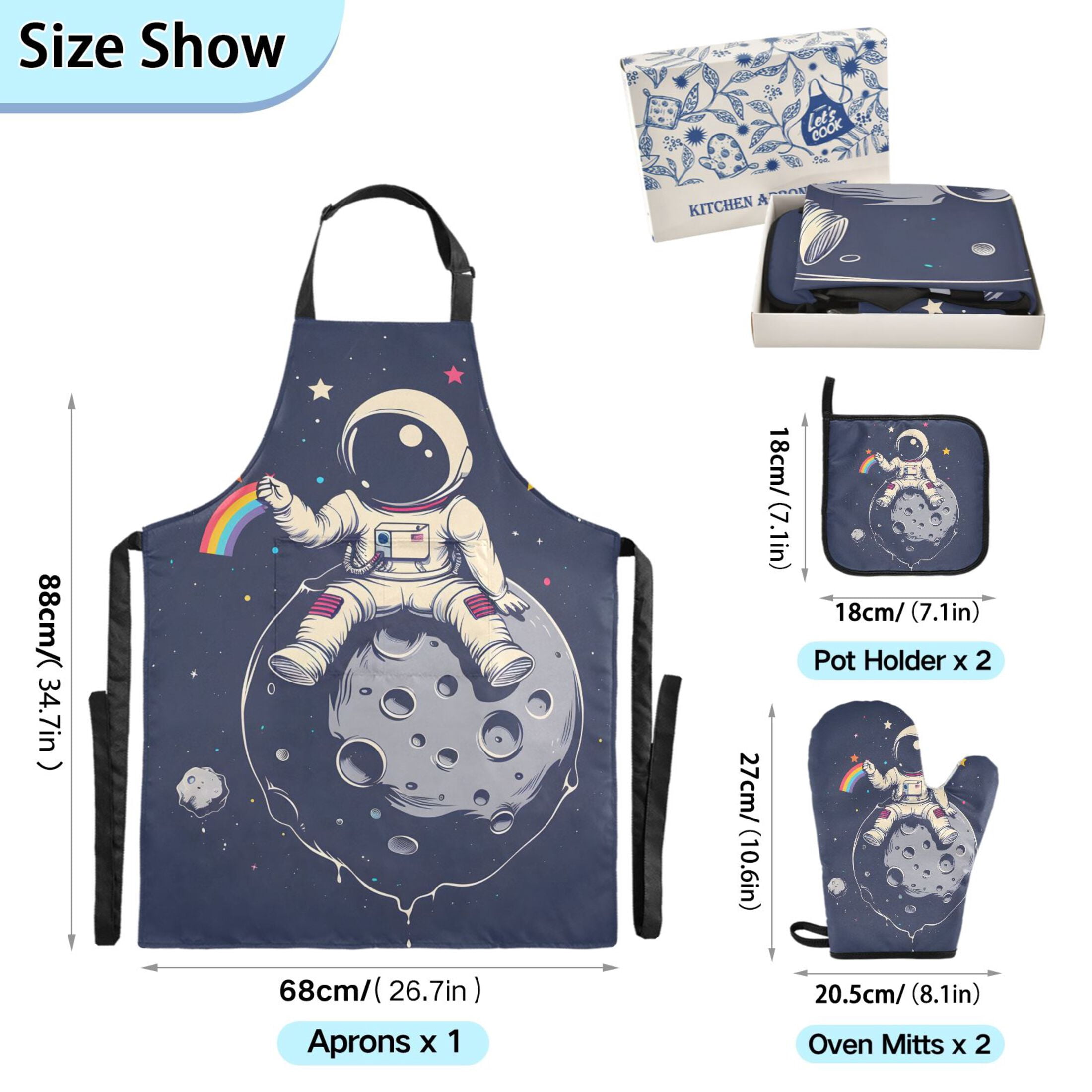 Astronaut on Moon 5 Pcs Kitchen Set Heat Resistant Oven Mitts and Non-Slip Pot Holders with Adjustable Cooking Apron
