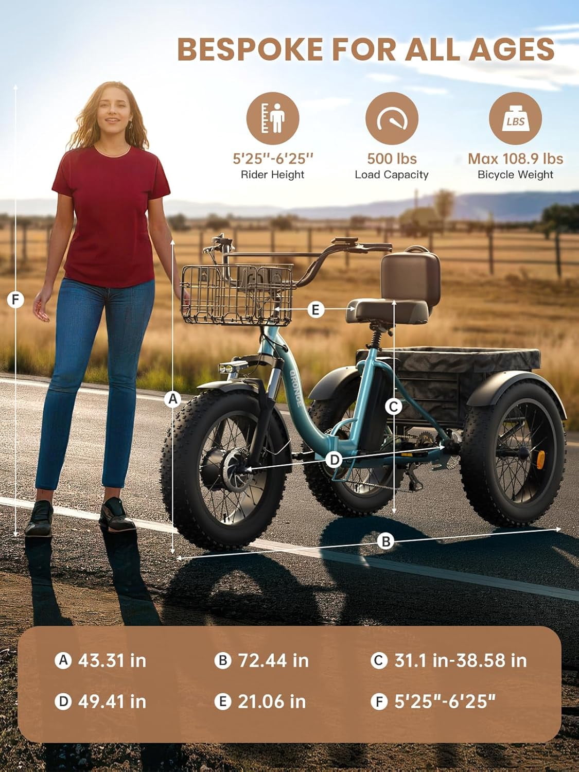 QRONGE Electric Tricycle for Adults 960W 50Miles Range 20 mph 20" Fat Tire Electric Trike 36V 15AH Battery Etrike 3 Wheel Electric Bike Step-Thru Mountain E Bike for Farm Work Travel, UL2849 by SGS