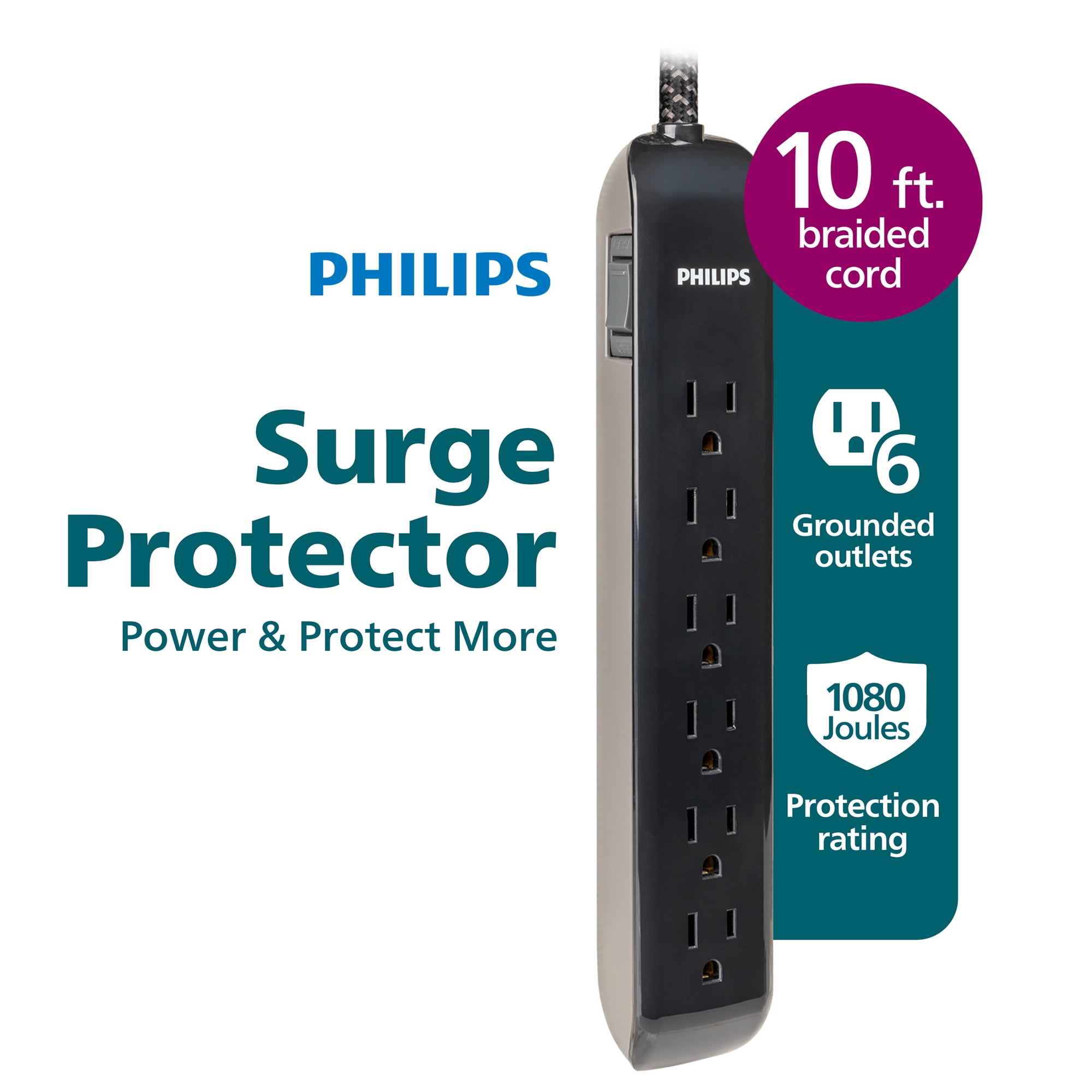 Philips Surge Protector Power Strip, 10 Ft Long Braided Extension Cord, 6 Outlet Extender, 1080 Joules, Flat Plug, Wall Mount, On Off Switch, Black