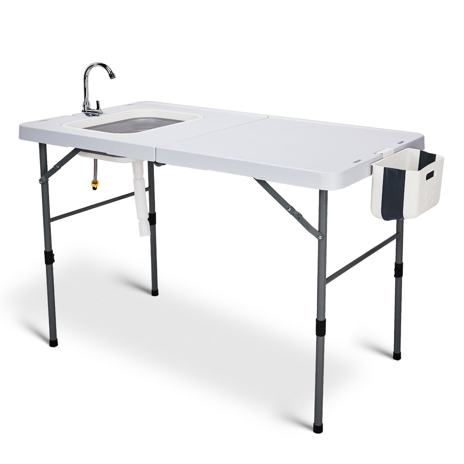 Folding Fish Cleaning Table, HDPE All-in-One Outdoor Sink Station, Heavy-Duty Stable Frame Portable Table with Faucet Trash Bin Storage Bag for Campsite Fishing Backyard Tailgate