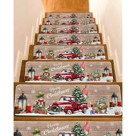 Red Truck Christmas Stair Treads for Wooden Steps Indoor Runner Rug Carpet Gnomes Xmas Tree Snowflake Gifts Wooden 15 Pieces Peel and Stick Staircase Step Treads Covers Washed Throw Door Mats 30 x8