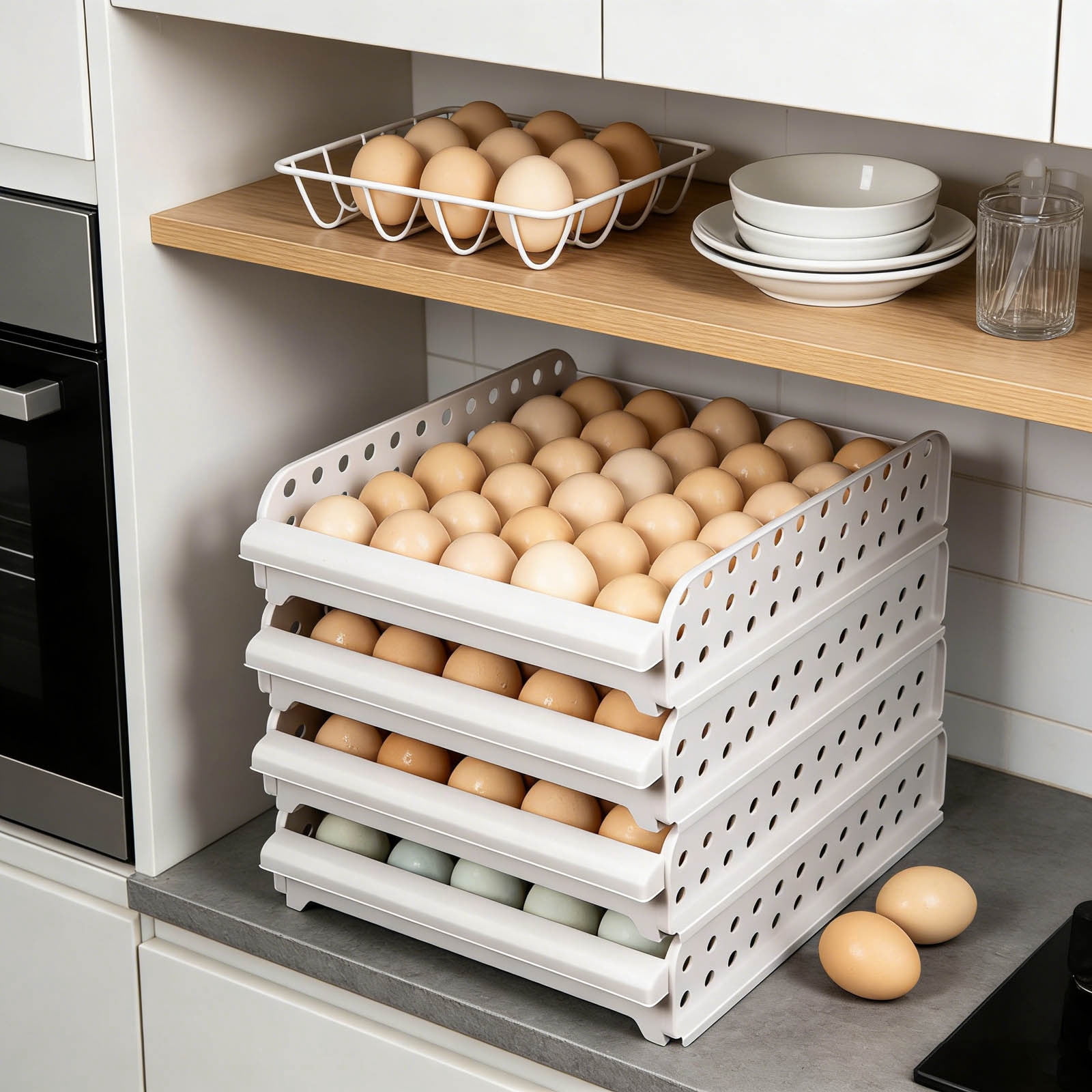 Stackable Egg Container Refrigerator Egg Rack Storage Tray with Lid Transparent Organizer for Kitchen Home