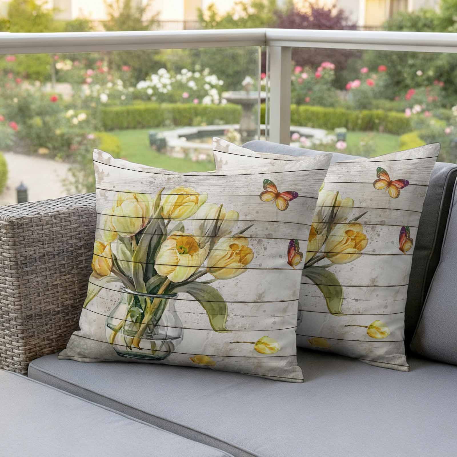 Yellow Tulip Outdoor Waterproof Pillow Covers, Vintage Spring Floral Retro Art Butterfly Wooden Decorative Square Throw Pillowcase Sofa Cushion Sham for Patio/Couch/Chair, 16"x16" 2 Pack