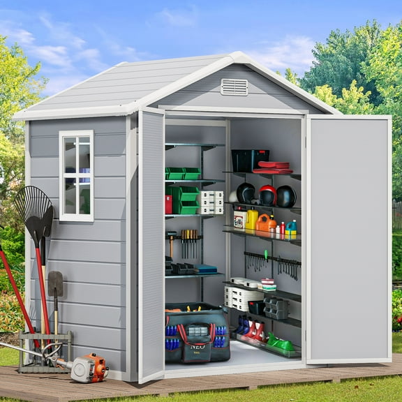 Dextrus Resin Storage Shed with Reinforced Floor, 6.2x3.4 FT Outdoor Storage Shed with Lockable Door, Window and Vent