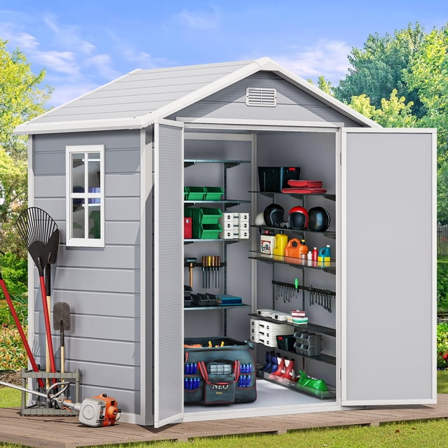 Dextrus Remise de Rangement en Résine avec Plancher Renforcé, Remise de Rangement Extérieure 6,2 X 4,4 Pi avec Porte Verrouillable, Fenêtre et Évent