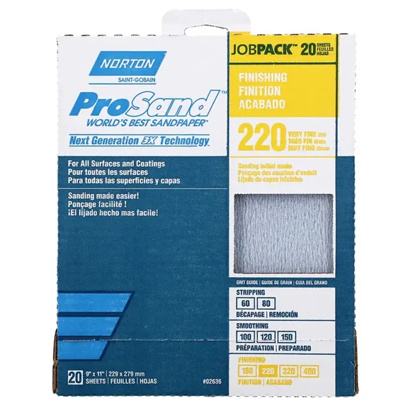 Norton 68167/02636 9" X 11" 220 Grit Sandpaper Sheets 20 Count
