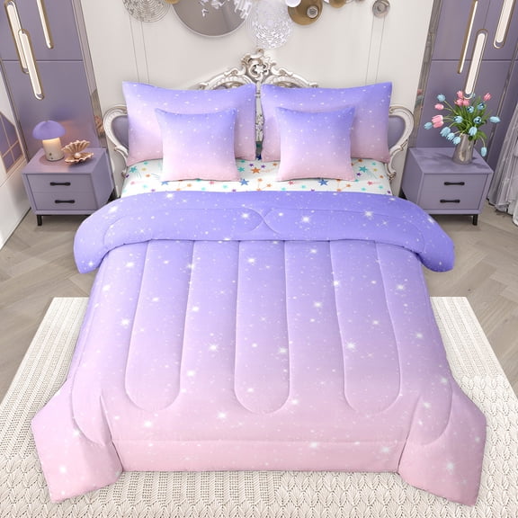 Castle Fairy Starry Sky Twin Bedding Sets 7-Piece for Boys Girls,Dreamy Princess Bedding Comforter Set Microfiber,Gradient Pink Purple Breathable Sheet Sets,Luxury Bedroom Decor,Reversible
