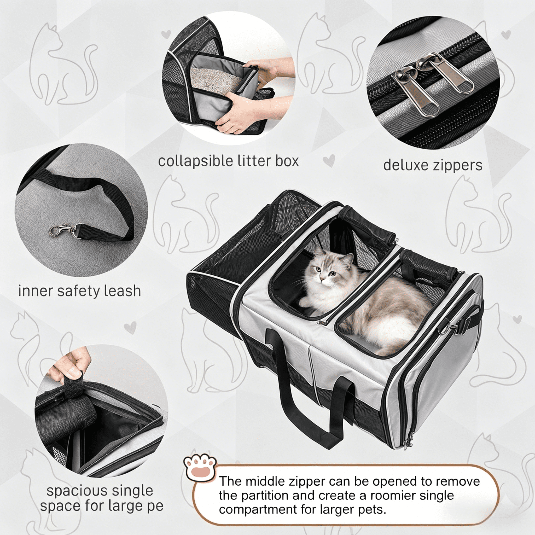 Mashelly Cat Carrying Case,  Protable and Breathable Pet Travel Carrier, Double Compartment Cat & Dog Carrier for 2 Cats, Expandable Double Soft Sided Carrier with 2 Litter Boxes