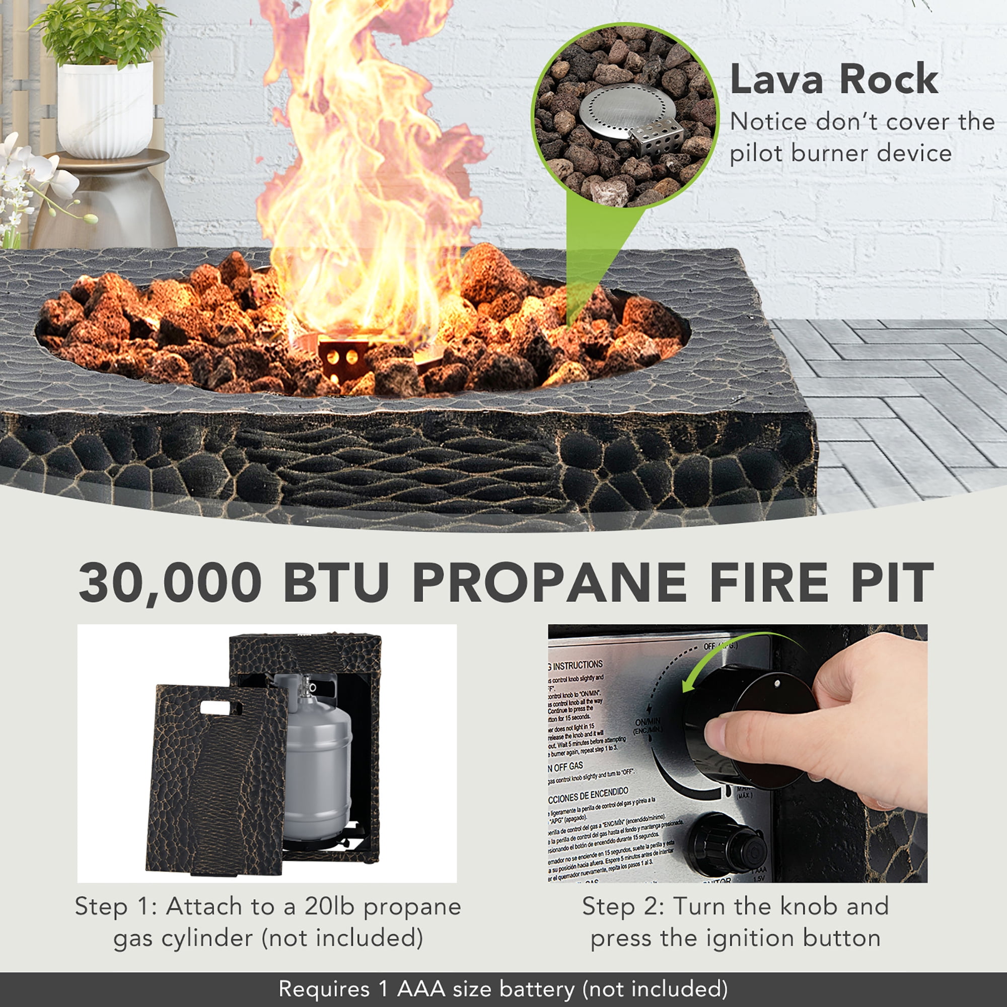 Costway 16'' Square Outdoor Propane Fire Pit w/Lava Rocks Waterproof Cover 30,000 BTU Black