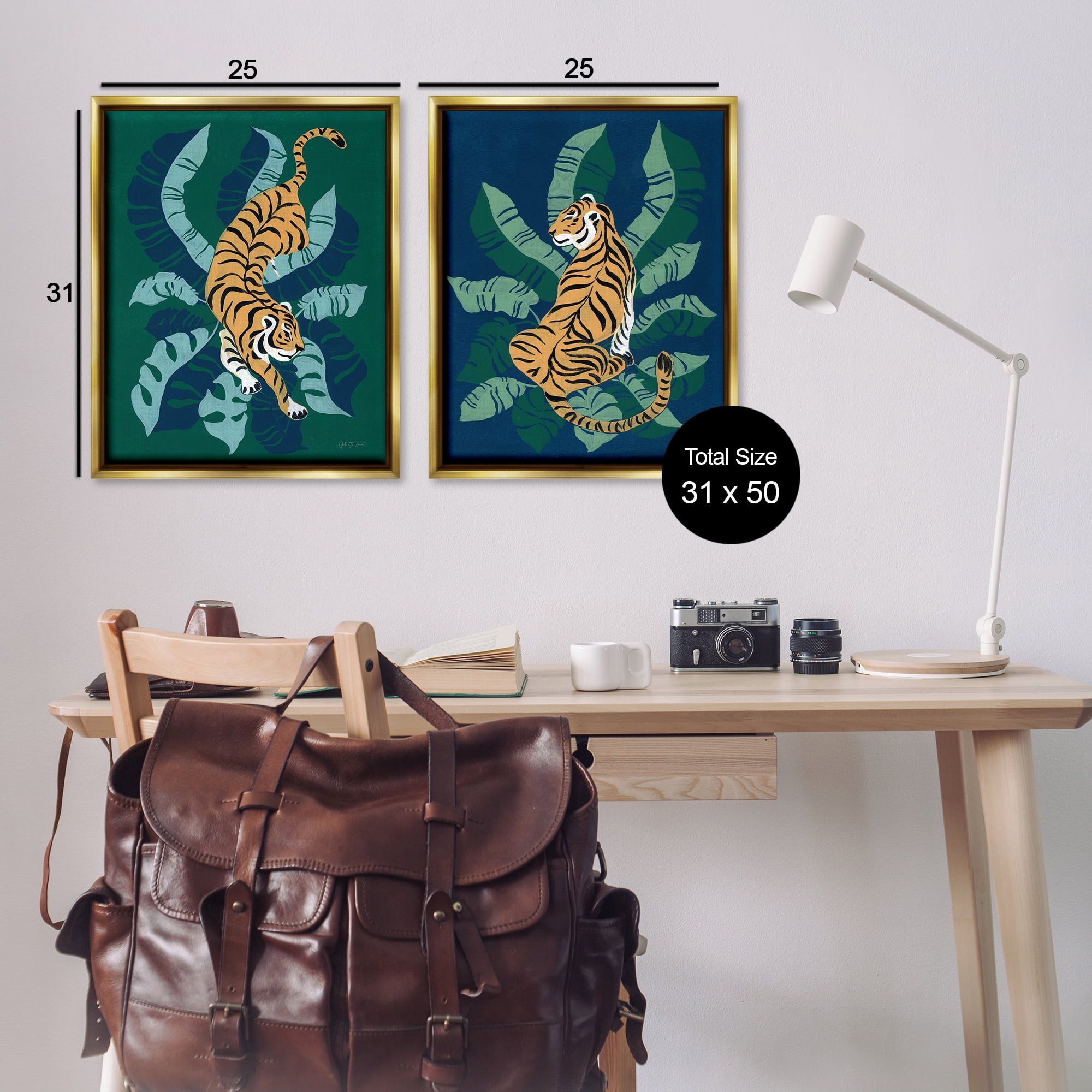 Stupell Industries Prowling Tiger Sitting Tiger Jungle Animals Painting Gold Floater Framed Canvas Art Print Wall Art, 31 x 25, Set of 2