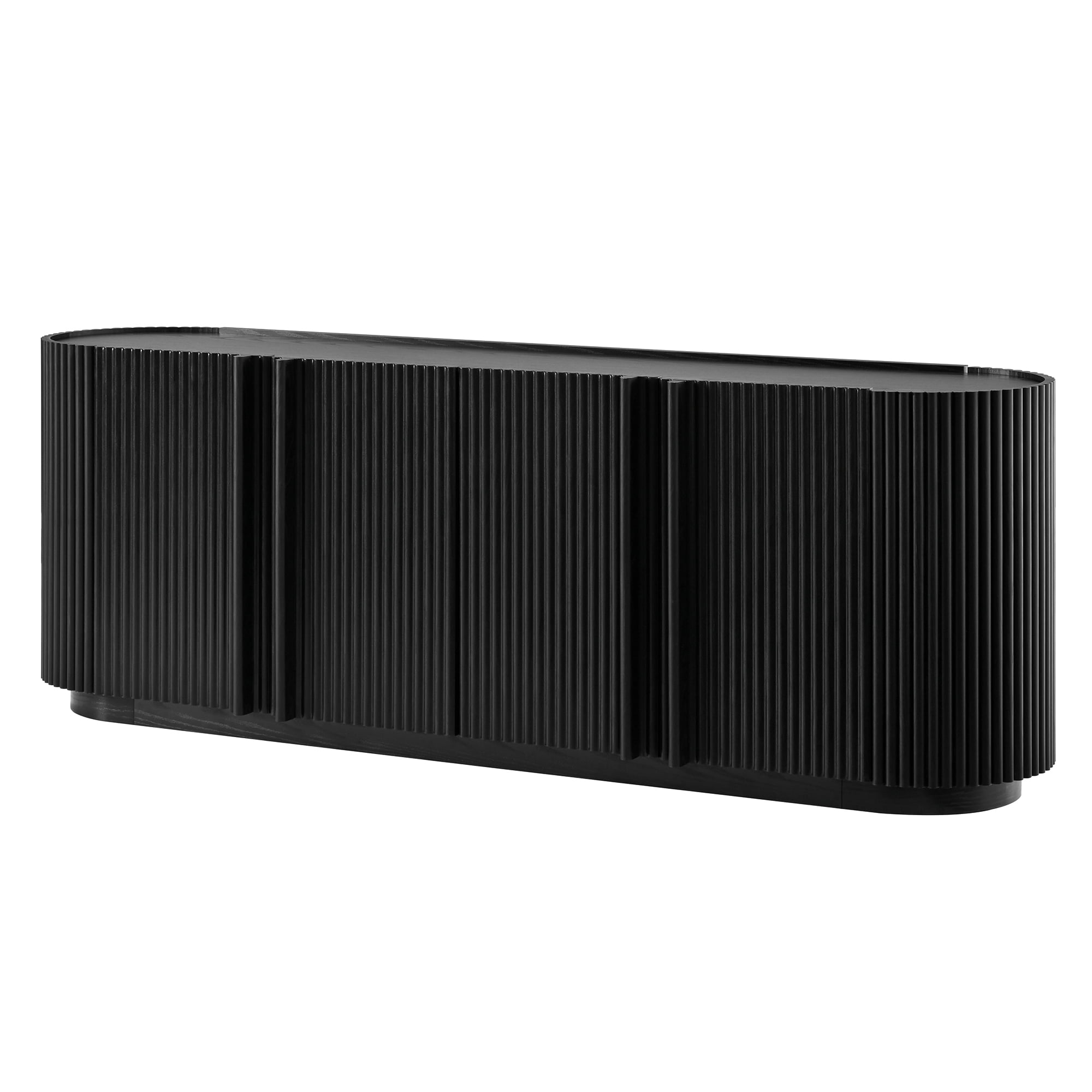 Leumius Mid Century Wood TV Stand with Fluted Tambour-Style Door, Farmhouse Media Console with Adjustable Shelves, Curved Edge TV Cabinet with Cable Management for Living Room, Black